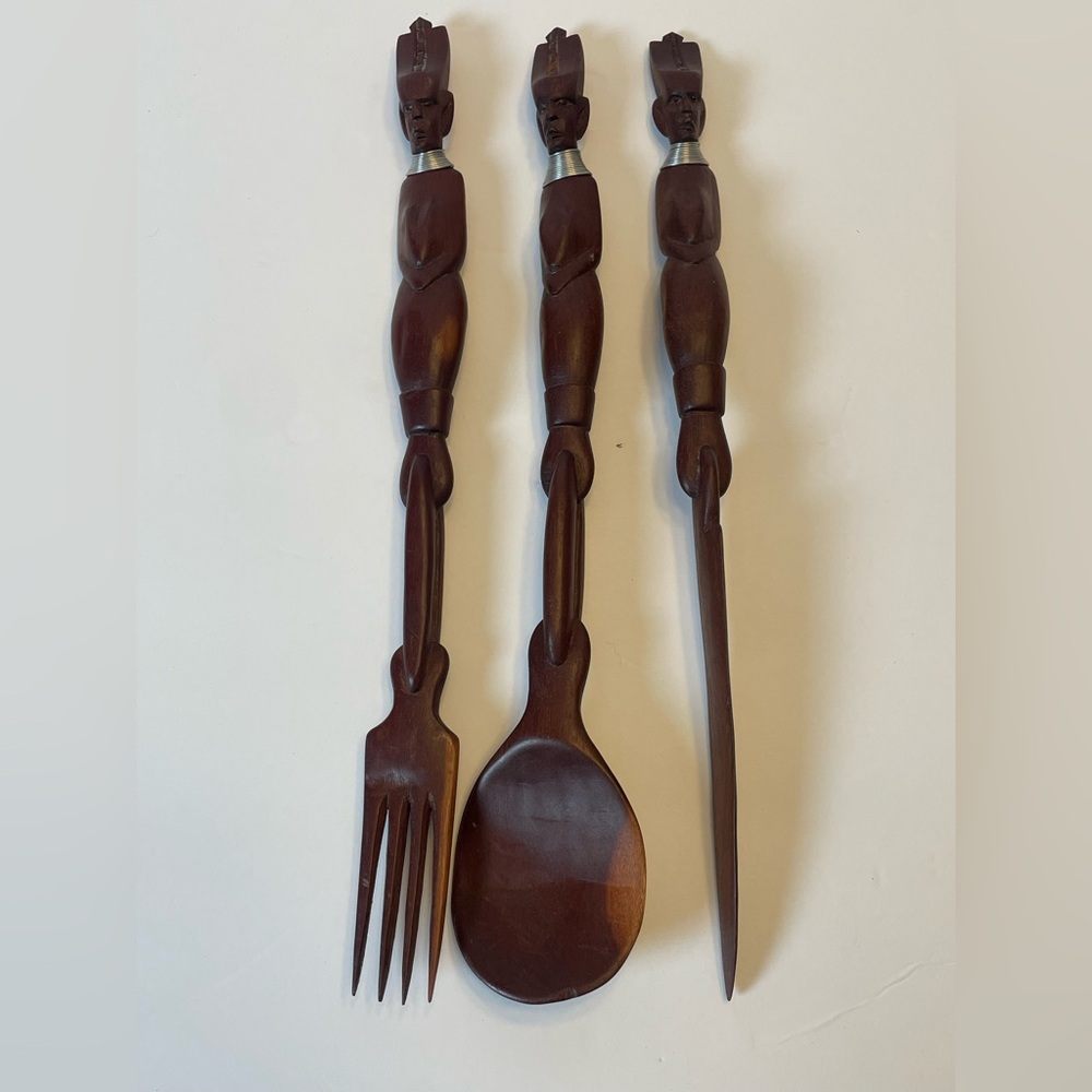 Hand Carved Wood Serving Utensils African Tribal set of 3 Vintage MCM Wall Decor